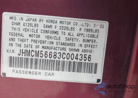 2003 Honda Accord 2.4 Ex from USA, damaged, VIN JHMCM56683C004356